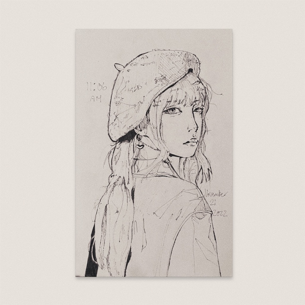 original black ink girl anime style portrait traditional artwork lineart drawing
